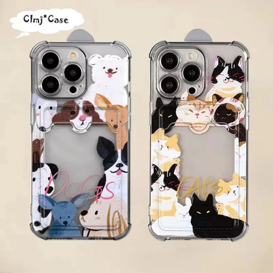 Clmj Card Holder Cute Dog Cat Phone Case For iPhone 11 12 14 13 Pro Max X XR XS 7 8 Plus Silicone Protective Cover Can Put Photo