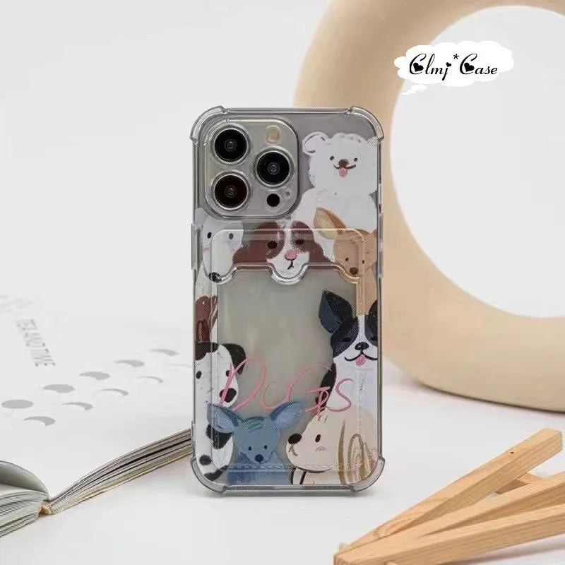 Clmj Card Holder Cute Dog Cat Phone Case For iPhone 11 12 14 13 Pro Max X XR XS 7 8 Plus Silicone Protective Cover Can Put Photo