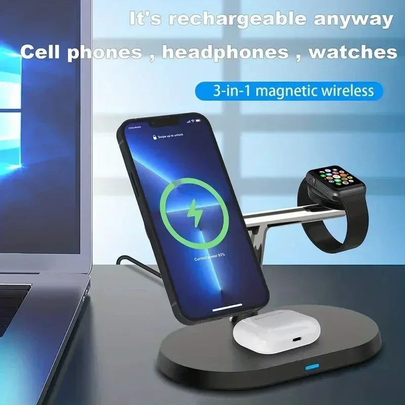 3 in 1 Magnetic Fast Wireless Charger Station For iPhone 16 15 14 13 Pro Max Apple Watch 9 8 Airprods Pro Macsafe Charging Stand