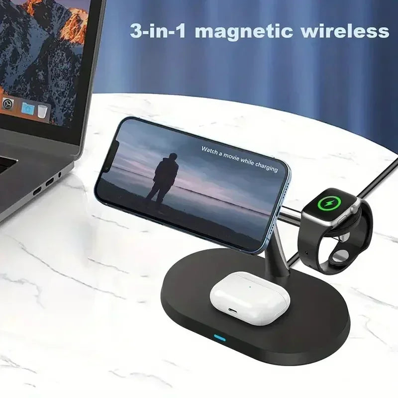 3 in 1 Magnetic Fast Wireless Charger Station For iPhone 16 15 14 13 Pro Max Apple Watch 9 8 Airprods Pro Macsafe Charging Stand