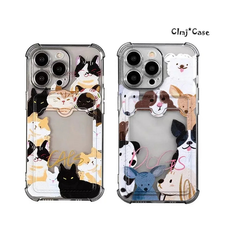 Clmj Card Holder Cute Dog Cat Phone Case For iPhone 11 12 14 13 Pro Max X XR XS 7 8 Plus Silicone Protective Cover Can Put Photo