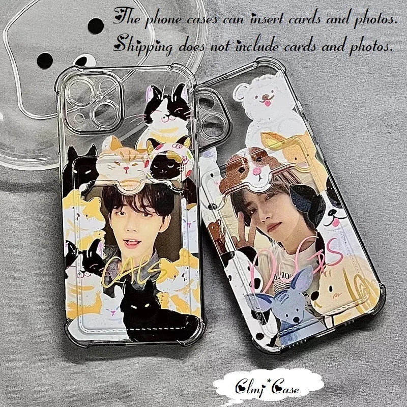 Clmj Card Holder Cute Dog Cat Phone Case For iPhone 11 12 14 13 Pro Max X XR XS 7 8 Plus Silicone Protective Cover Can Put Photo