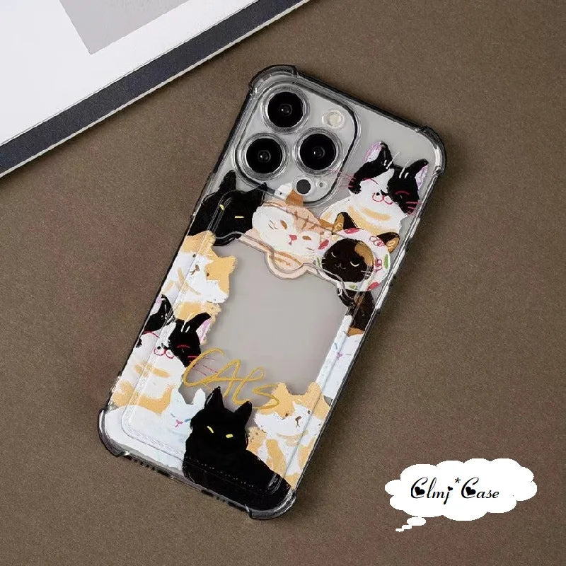 Clmj Card Holder Cute Dog Cat Phone Case For iPhone 11 12 14 13 Pro Max X XR XS 7 8 Plus Silicone Protective Cover Can Put Photo